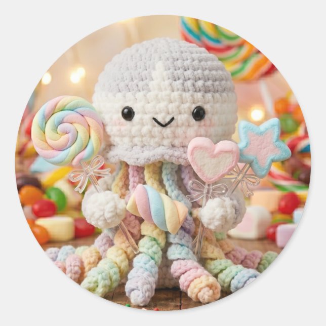 Adesivo Redondo Polvo Crochê Fofo e Terra dos Doces (Frente)