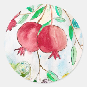 Adesivo Redondo Pomegranato, fruta, aquarela, vermelho