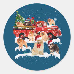 Adesivo Redondo Pomerânia Andando Caminhão Vermelho Xmas Feliz Nat