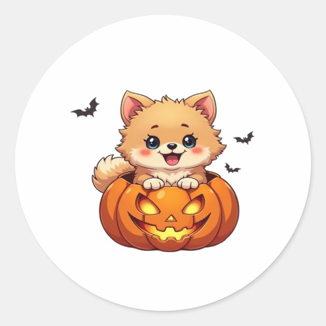 Adesivo Redondo Pomerânia cão Feliz Halloween Bompkin Clássico T-S (Frente)