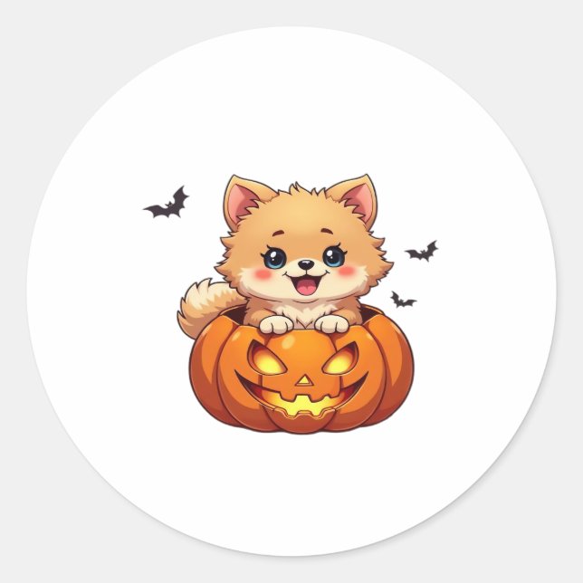 Adesivo Redondo Pomerânia cão Feliz Halloween Bompkin Clássico T-S (Frente)