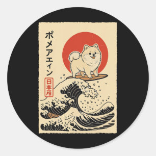 Adesivo Redondo Pomerânia Surfando Onda Japonesa