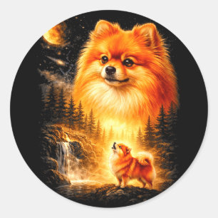 Adesivo Redondo Pomerânia uivando para a lua vintage místico faça