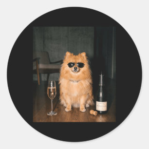 Adesivo Redondo Pomeranian Bebendo Champanhe Dia dos Pais Engraçad