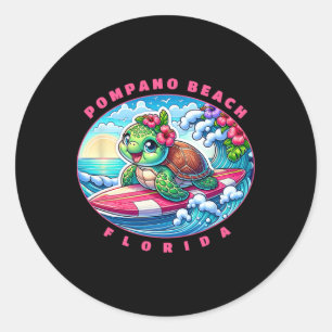 Adesivo Redondo Pompano Beach Flórida Garota Fofo Surfe Tartaruga