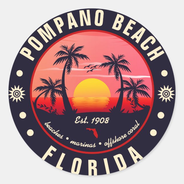 Adesivo Redondo Pompano Beach Florida Retro Sunset Souvenir (Frente)