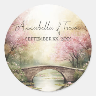 Adesivo Redondo Ponte Romântica de Aquarela & Flores Nome Personal