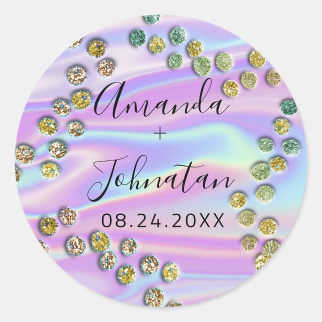 Adesivo Redondo Pontos Abstratos de Jardim Nome Data Preto Holográ (Frente)