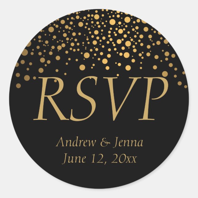 Adesivo Redondo Pontos de Confetti Pretos e Dourados (Frente)