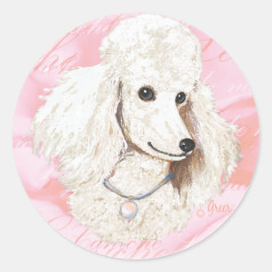 Adesivo Redondo Poodle branco n Rosa Retrato