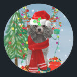 Adesivo Redondo Poodle Christmas<br><div class="desc">Um cachorro na neve com presentes de Natal e queda de neve é uma ideia perfeita para alguém que ama cachorros.</div>