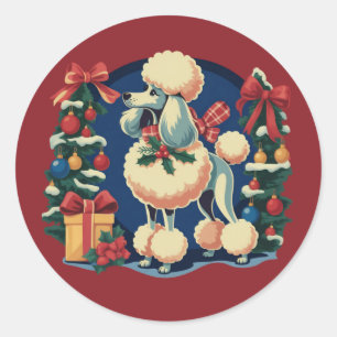 Adesivo Redondo Poodle de Natal Retro Vintage dos Anos 1950 Cachor