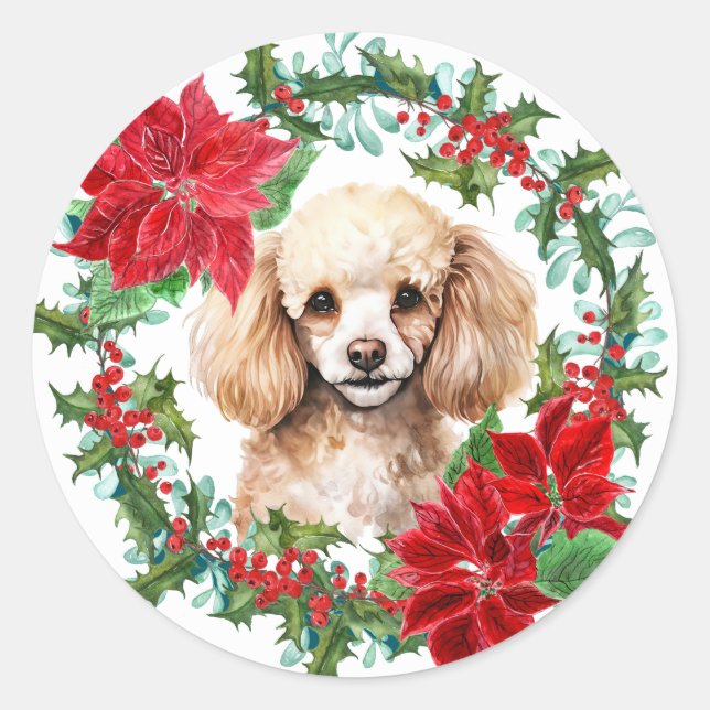 Adesivo Redondo Poodle Dog Poinsettia Holly Christmas Wreath (Frente)
