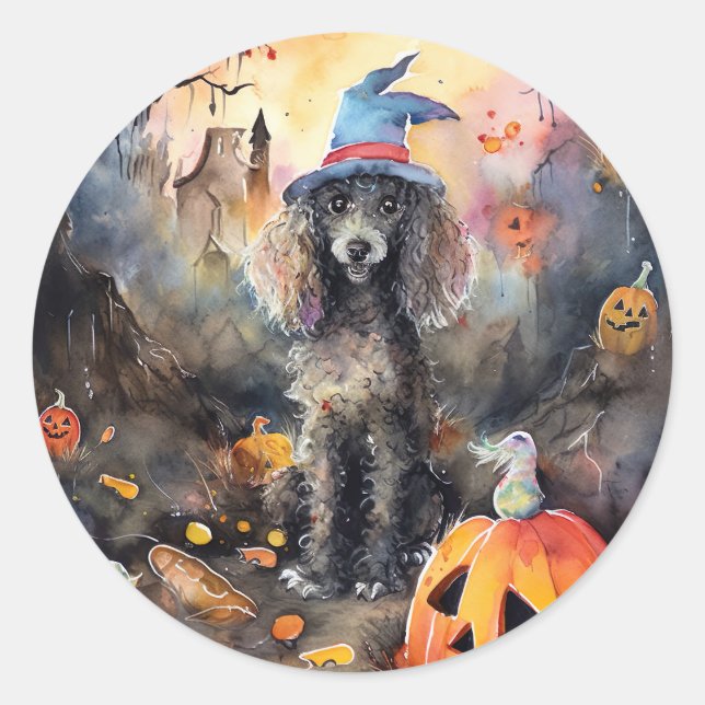 Adesivo Redondo Poodle Halloween Com Pumpkins Assustado (Frente)