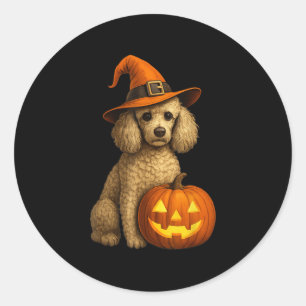 Adesivo Redondo Poodle Halloween Pumpkin Bruxa Bruxa Hat Dog Art F