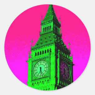 Adesivo Redondo Pop Art Big Ben London Viagem cor-de-rosa verde