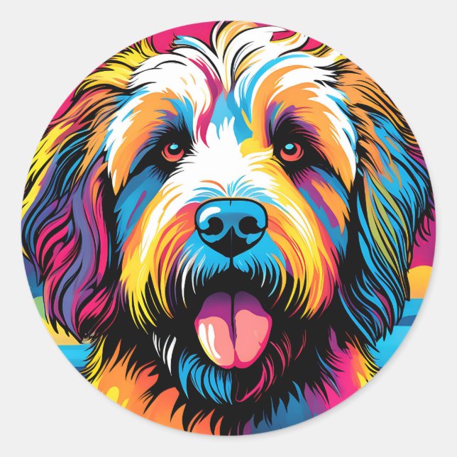 Adesivo Redondo Pop Art Labradoodle Retrato (Frente)