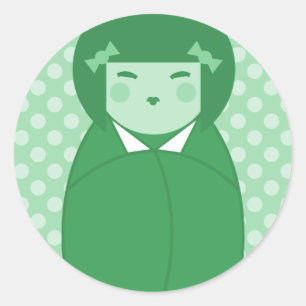 Adesivo Redondo Pop art verde da boneca de Kokeshi