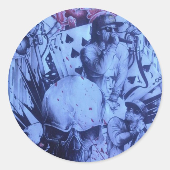 Adesivo Redondo Pop Músicos Impressão de Arte Roxo Azul (Frente)