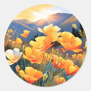 Adesivo Redondo Poppies California Em Um Prado Brilhante E Sereno