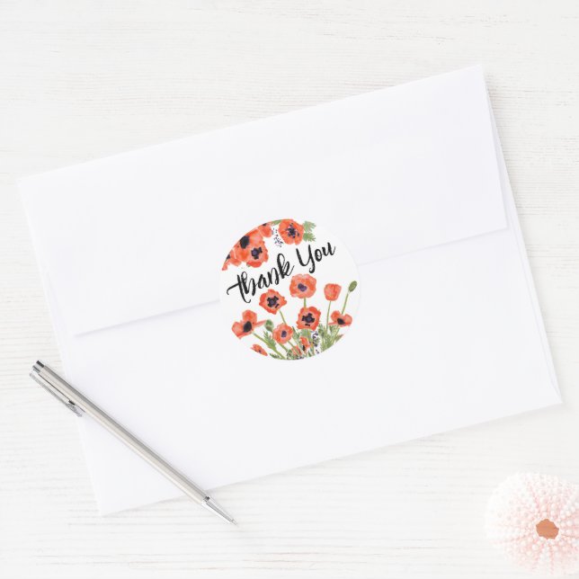 Adesivo Redondo Poppy Floral Obrigado (Envelope)