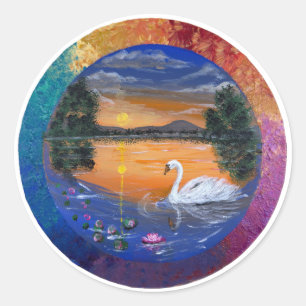 Adesivo Redondo Pôr do Sol do Cisne Dourado - obra de arte feita à