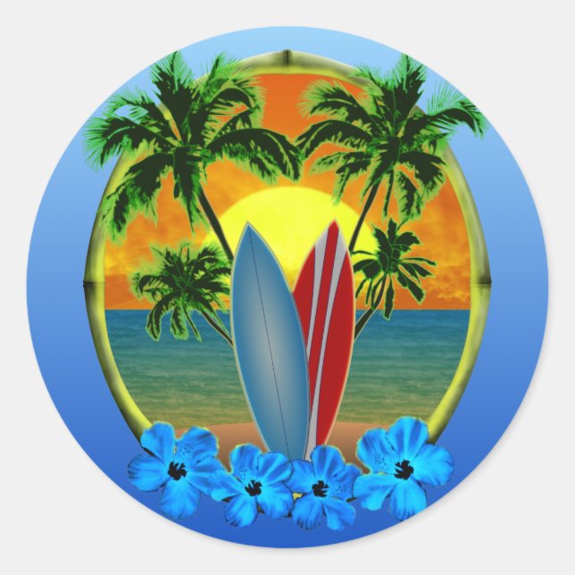 Adesivo Redondo Pôr Do Sol E Painéis De Surfe (Frente)