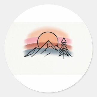Adesivo Redondo Pôr do Sol Minimalista na Montanha - Arte Retro da