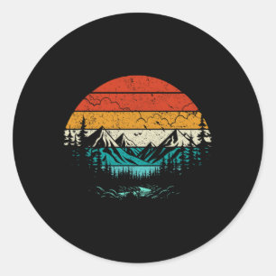 Adesivo Redondo Pôr do Sol Retro Floresta da Montanha Camping Natu