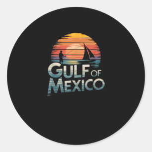 Adesivo Redondo Pôr do sol retrô no Golfo do México, pesca e naveg
