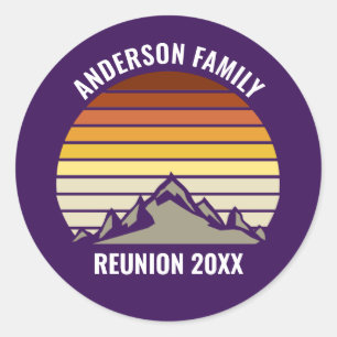 Adesivo Redondo Pôr do Sol Roxo Retro Montanha Festa Personalizada