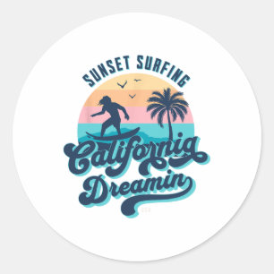 Adesivo Redondo Pôr do Sol Surfando Sonho Californiano Usa Surfist