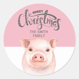 Adesivo Redondo Porco Branco Rosa Feliz Natal Nome da Família