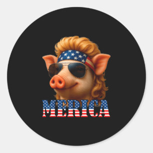 Adesivo Redondo Porco engraçado bandeira americana fazendeiro dia