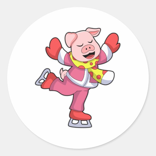 Adesivo Redondo Porco na patinação de gelo com skates de gelo (Frente)