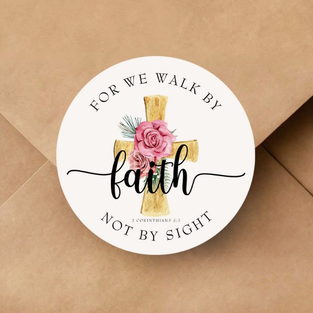 Adesivo Redondo Porque Caminhamos Por Fé / Cruz Floral Christian (For We Walk By Faith / Floral Cross Christian Classic Round Sticker)