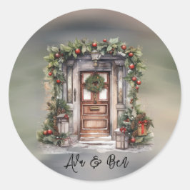 Adesivo Redondo Porta de Natal decorada com frutas vermelhas e ver