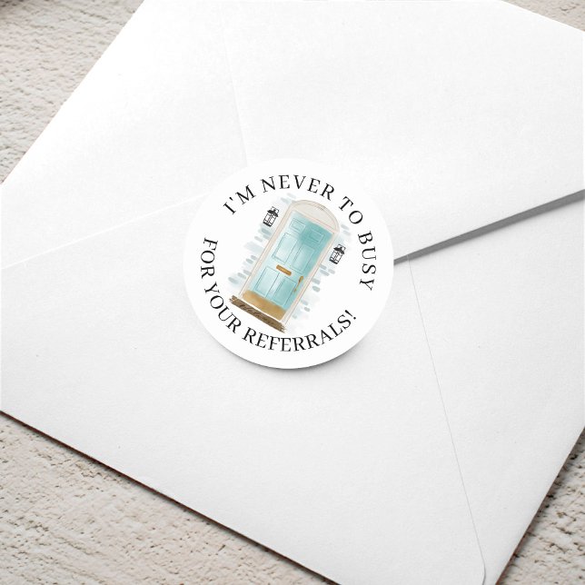 Adesivo Redondo Porta Dianteira com Aquarela Azul Referência de Im (Blue Watercolor Front Door Real Estate Referral Classic Round Sticker)