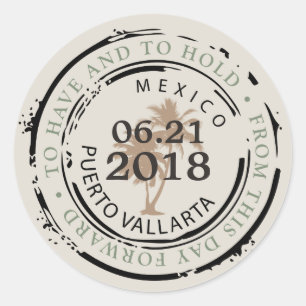 Adesivo Redondo Porto Vallarta Mex Passaporte Carimbo com Palmeira