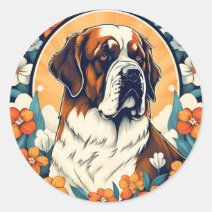 Adesivo Redondo PortraSanto Bernard Dog Com Flores
