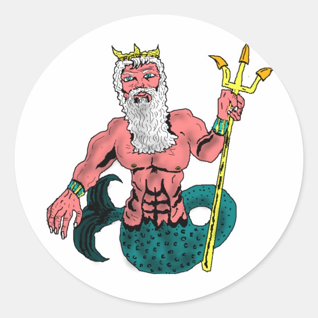 Adesivo Redondo Poseidon, Deus Grego do Mar Segurando Tridente (Frente)