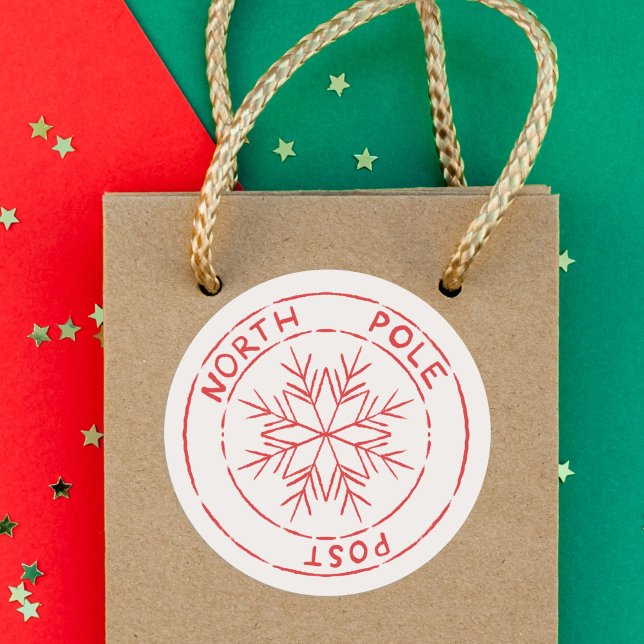 Adesivo Redondo Posto do Polo Norte Carimbo Snowflake Natal (North Pole Post Stamp Christmas Classic Round Sticker)
