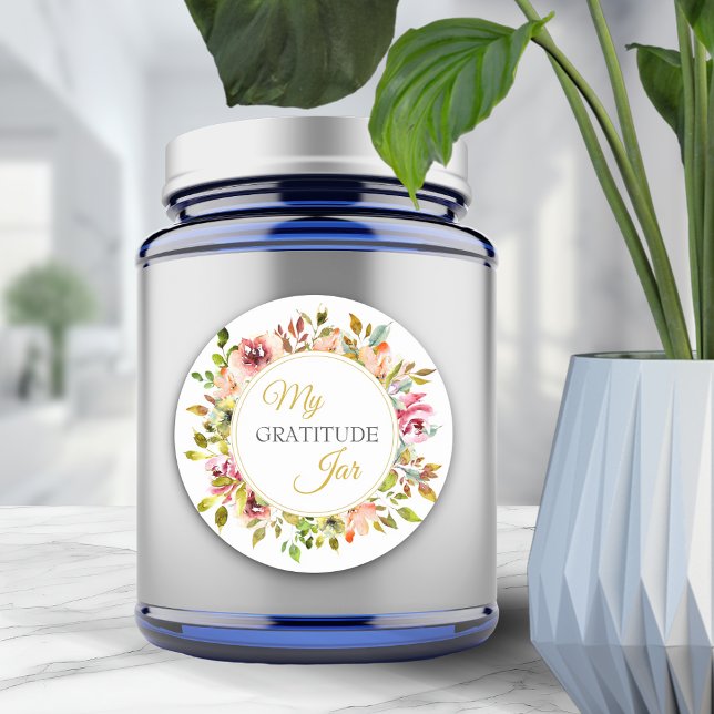 Adesivo Redondo Pote de Agradecimento de Flores do Jardim de Verão (Summer Garden Floral Thank You Gratitude Jar Classic Round Sticker)