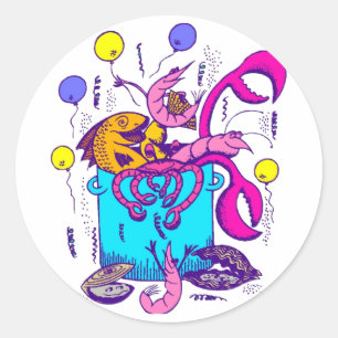 Adesivo Redondo Pote do estilo de Cajun com peixes, lagostas,