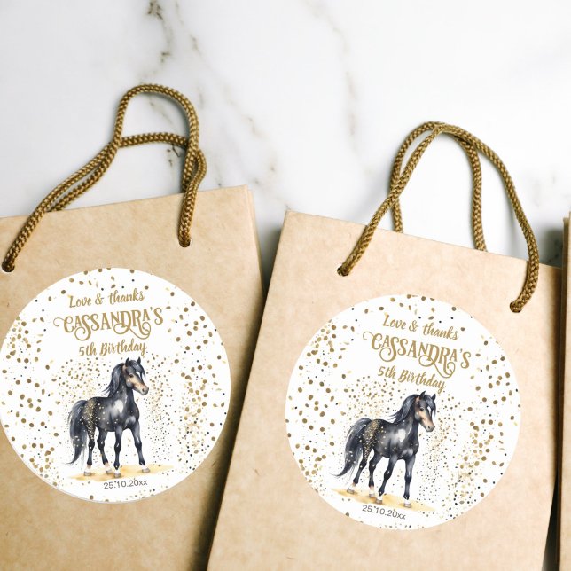 Adesivo Redondo Pôy festa de aniversário preto e ouro borrifados (Pony birthday party thank you favor gift stickers watercolor black horse gold sprinkles)