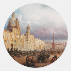 Adesivo Redondo Praça Navona Mercado Roma Década de 1850 Arte