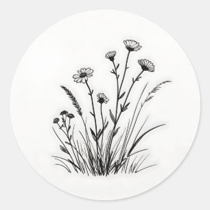 Adesivo Redondo Prado de Flores Silvestres Margaridas Arte Linear