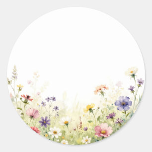 Adesivo Redondo Prado Floral Pastel de Flor Silvestre em Aquarela