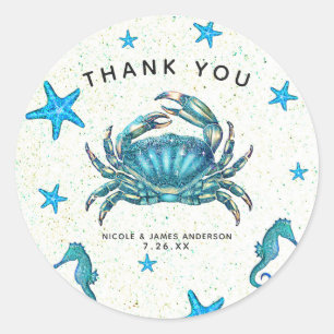 Adesivo Redondo Praga Moderna Blue Crab Starfish Favor do Mar