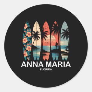 Adesivo Redondo Praia Anna Maria Flórida Prancha de Surfe Retro